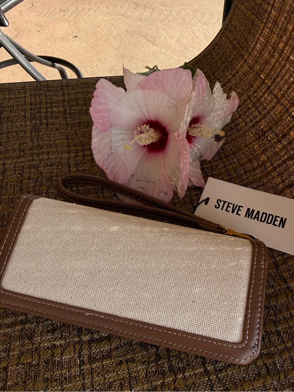 Steve Madden Beige and Taupe Canvas Wristlet with Unique Gold Accent Hardwares